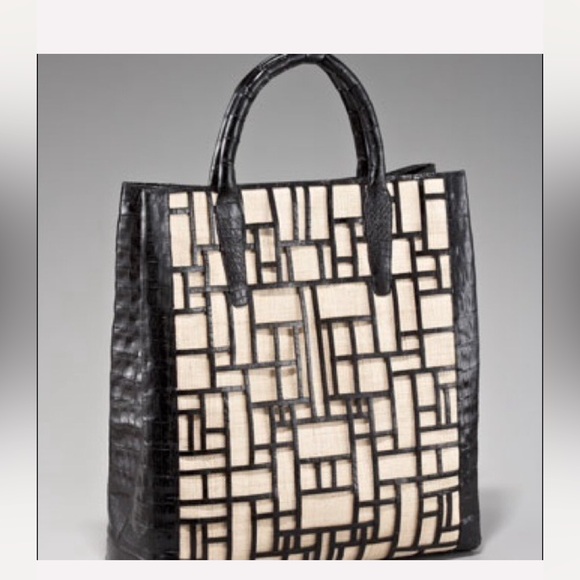 Nancy Gonzalez Black Crocodile and Linen Magazine Tote w/ detachable strap NWT - Picture 3 of 7